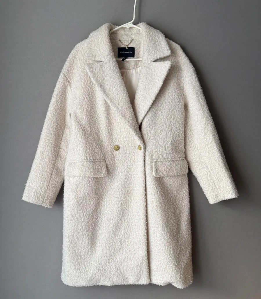 BCBGMAXAZRIA MobWife Office Siren Double Breasted Boucle Overcoat M Cream