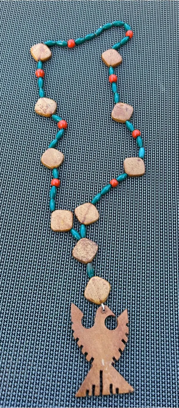 Wood Carved Thunderbird Pendant Necklace Natural Wood Beads Vintage turquoise Brown