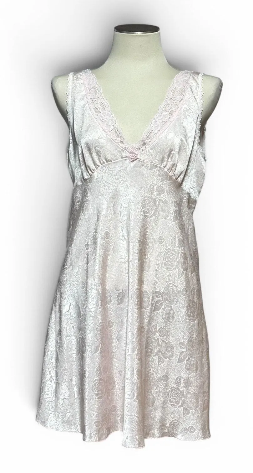 Delicates Vintage Satin Lace Floral Nightgown Slip Dress Pink Medium