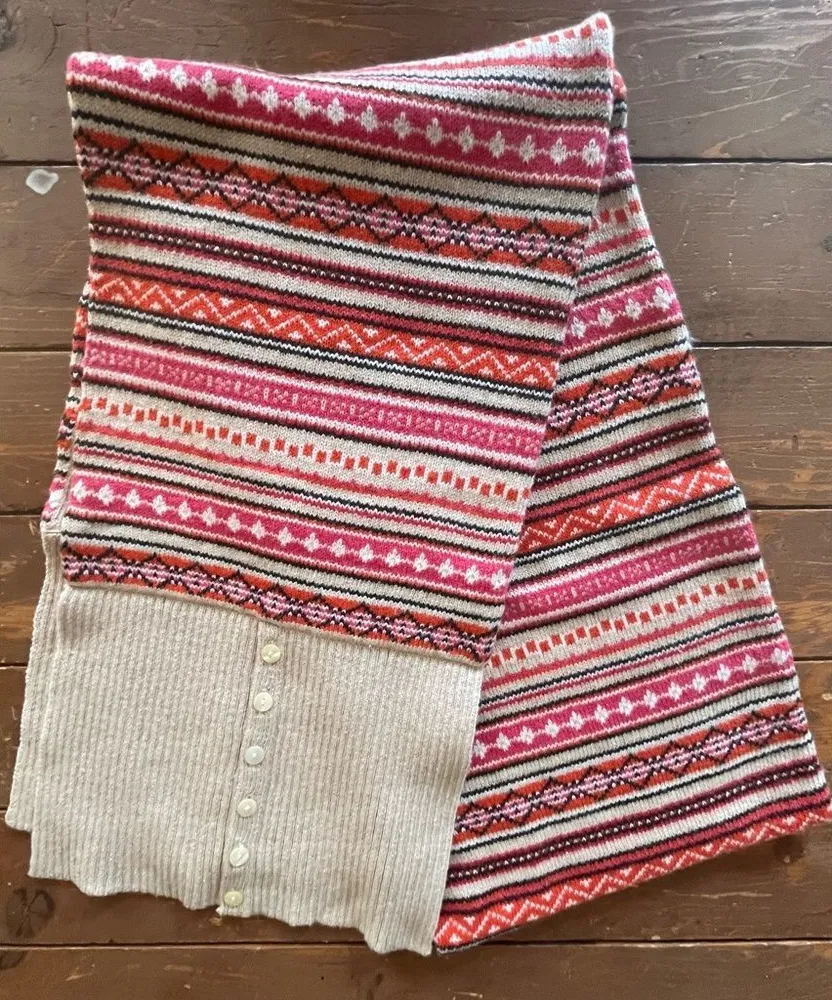 Lands' End Fair Isle Nordic Striped Button Knit Scarf Wool Blend Double Lined