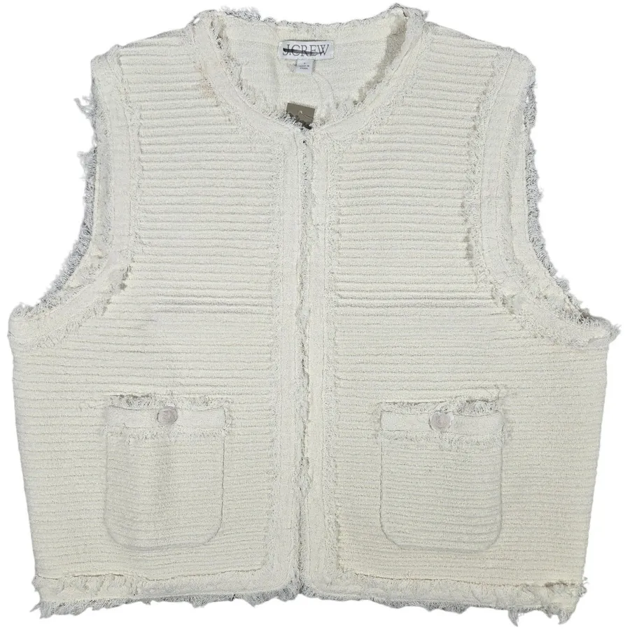 J. Crew Ivory Textured Frayed Zip Front Vest Jacket Size L