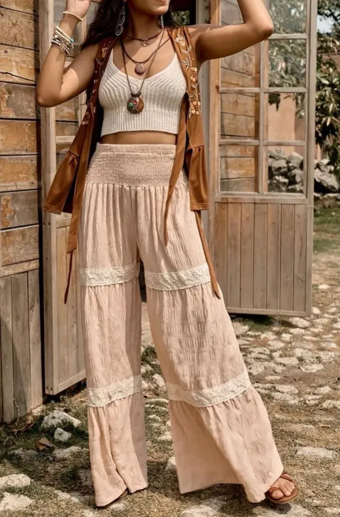 Boho Chic Crochet Lace Tiered Wide Leg Textured Palazzo Pants Coastal Cowgirl L