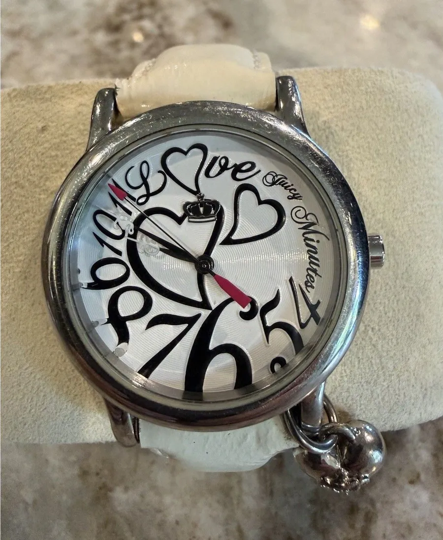 Juicy Couture Watch 32mm White Leather Band Hearts & Love Stainless Steel Case