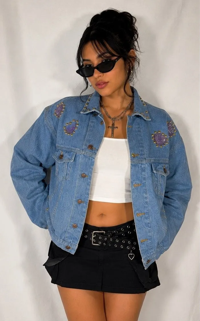 Vintage Y2K Bedazzled Denim Jacket Dolly Glam Sequin Studded Medium Blue