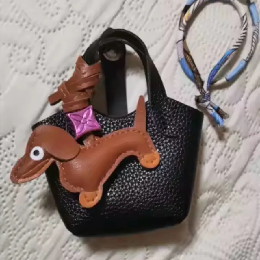 Mini Leather Bag For AirPods Case With Tiny Dachshund As Decor Black Set Brown