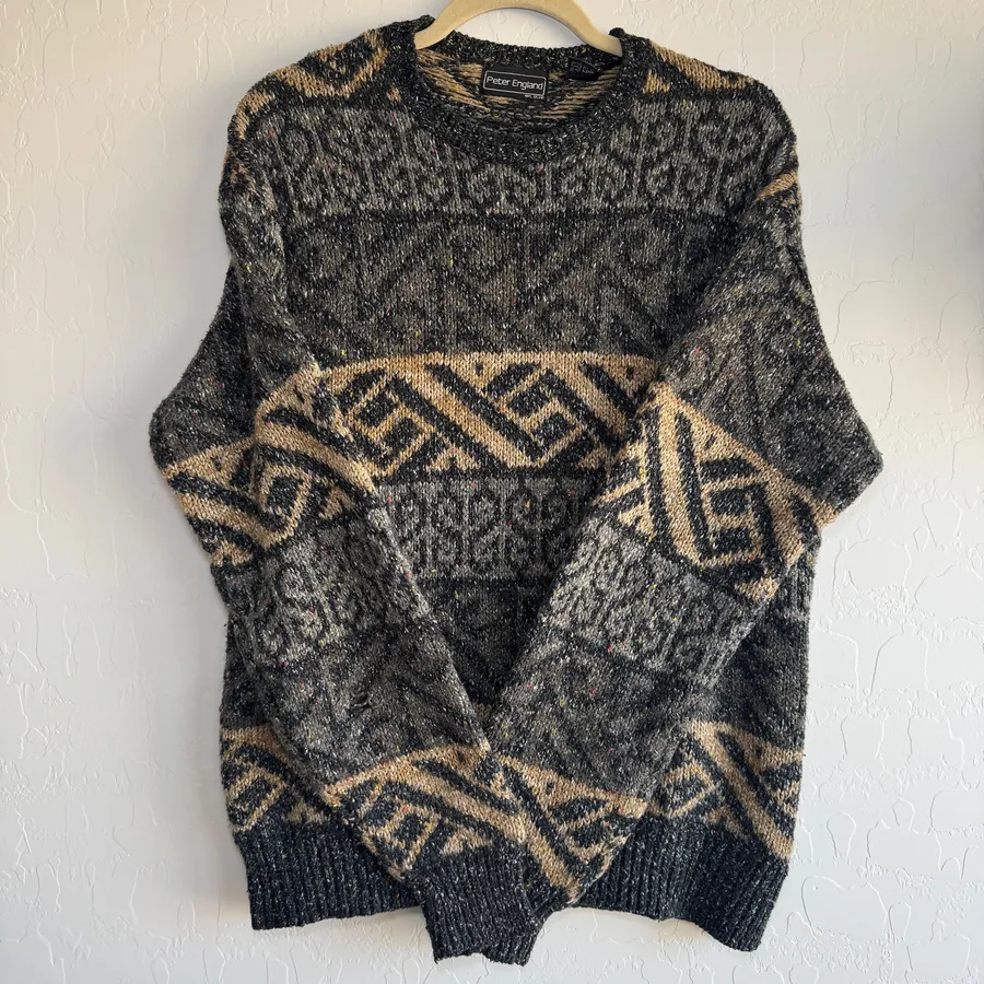 Peter England Sweater Mens Medium M Geometric Aztec Grandpa 90s Wool Blend VTG Gray