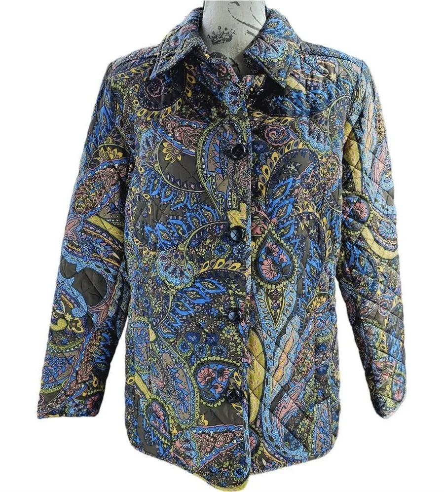 Jones New York Multicolor Button Front Collared Quilted Paisley Jacket NWOT M