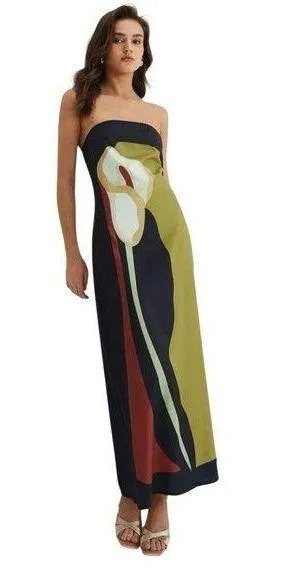 COMMENSE Large Floral Print Split Tube Long Dress COLOR
