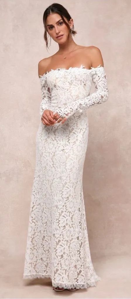 LULU’S Romance Dreamer White Lace Off The Shoulder Maxi Dress