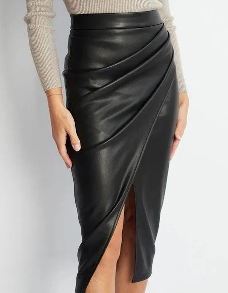 Commense Pleated Split PU Leather Skirt size L Black Size L