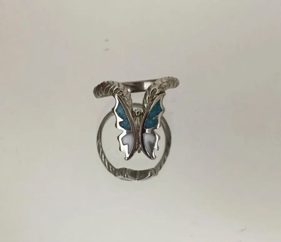 Vintage Turquoise White Braided Hardware Butterfly Ring Green