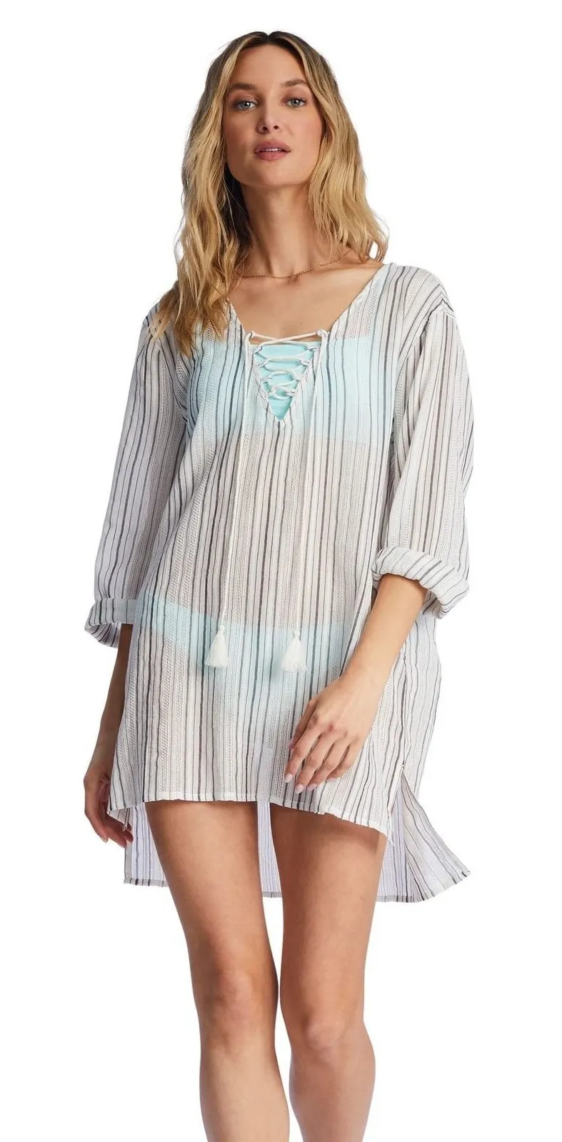 NWT Billabong Blue Skies Swim Cover-Up Multi Striped Lace Up Tassel Small SM
