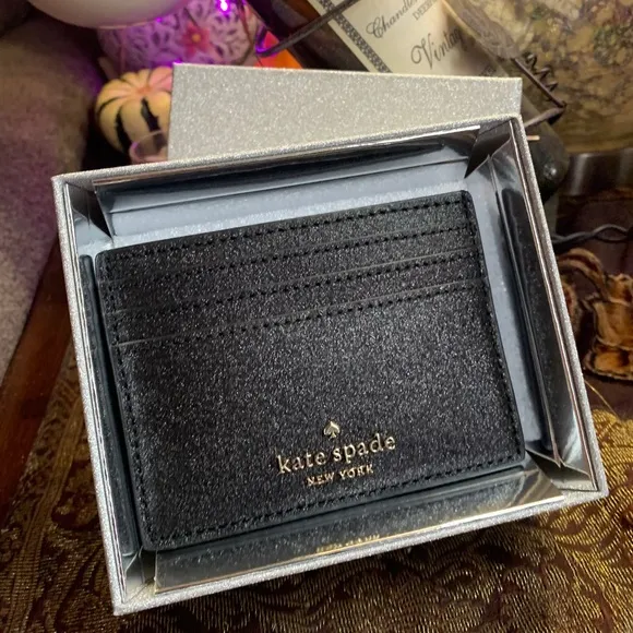 Authentic Kate Spade smooth glitter leather card case in box