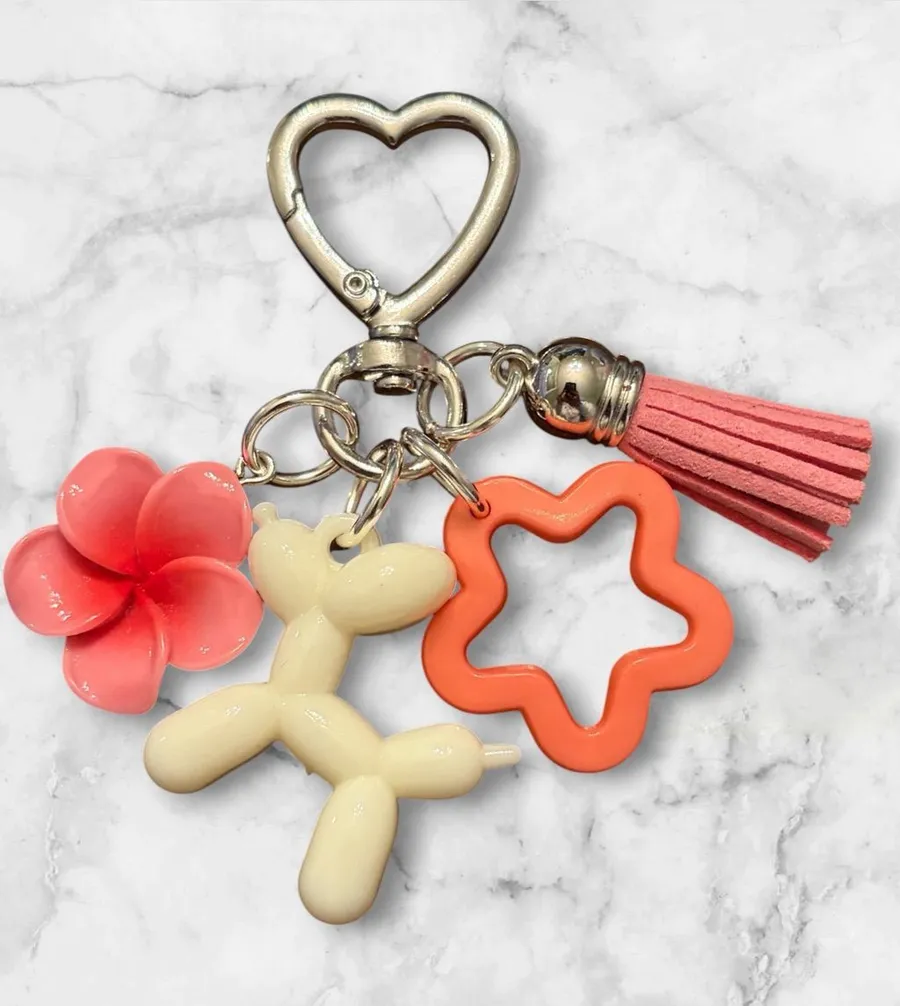 Heart Clip Balloon Dog & Flower Charm Keychain