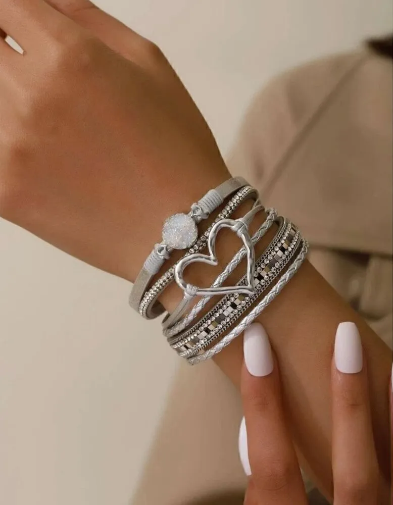 Bohemian Silver Polyurethane Cubic Zirconia & Heart Decor Layered Bracelet