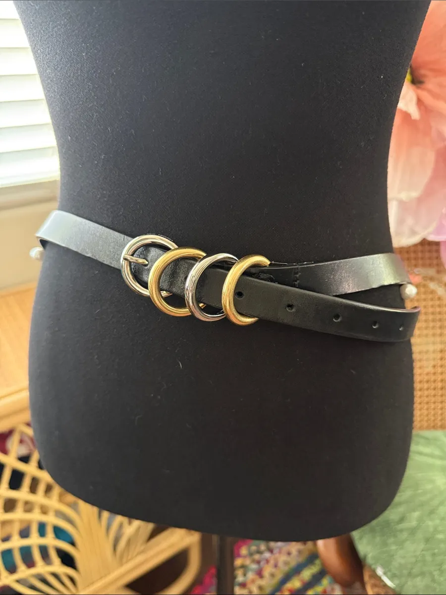 Rebecca Minkoff Four Ring Mixed Metals Black Leather Classic Chic Belt