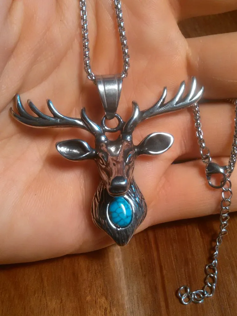Majestic Stag Blue Howlite Stainless Steel Pendant Necklace (20 to 22 Inch)
