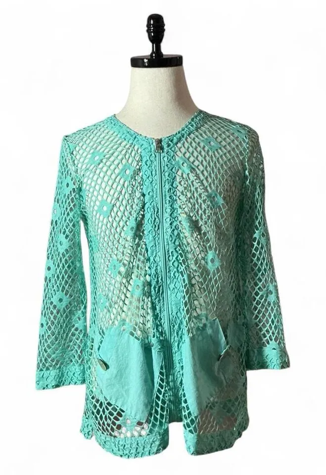 Womens Mint Green Crochet Zipper Front Long Sleeve Cover Up Tunic Top Size undefined
