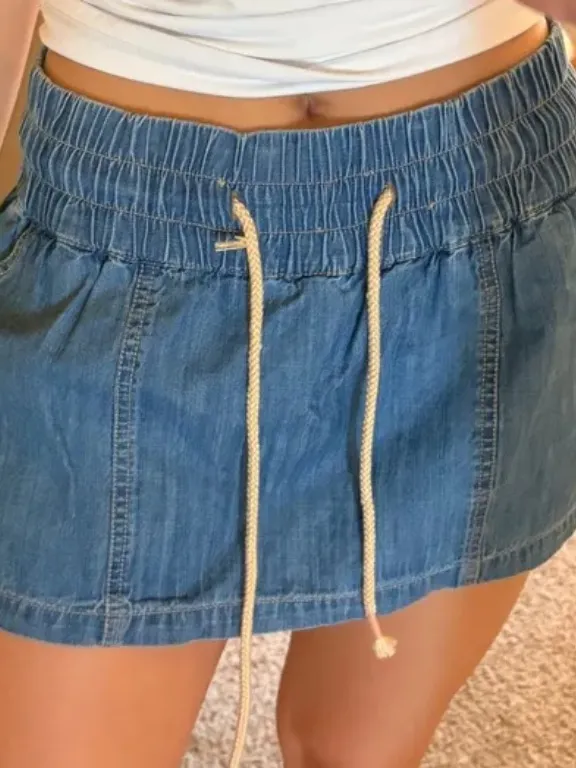 Free People Indigo Denim Elastic Waist Mini Skort
