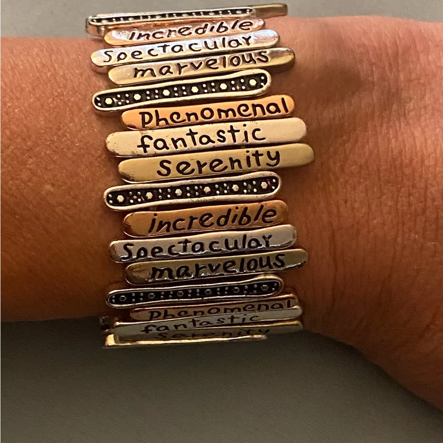 8.5” To 9.5” Stretch Bracelet Mixed Colored Metal Links Sayings Inspirational Silver