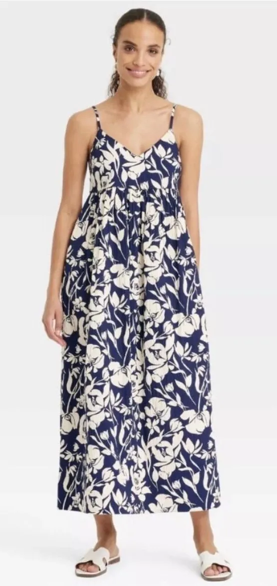 A New Day Womens Navy White Floral Seersucker Maxi Dress Adjustable Straps Med