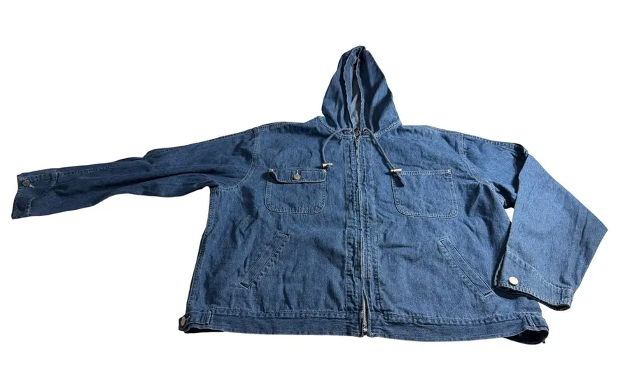 Denim & Co Womens 2X Blue Cotton Zip Front Hooded Denim Jacket Medium Wash