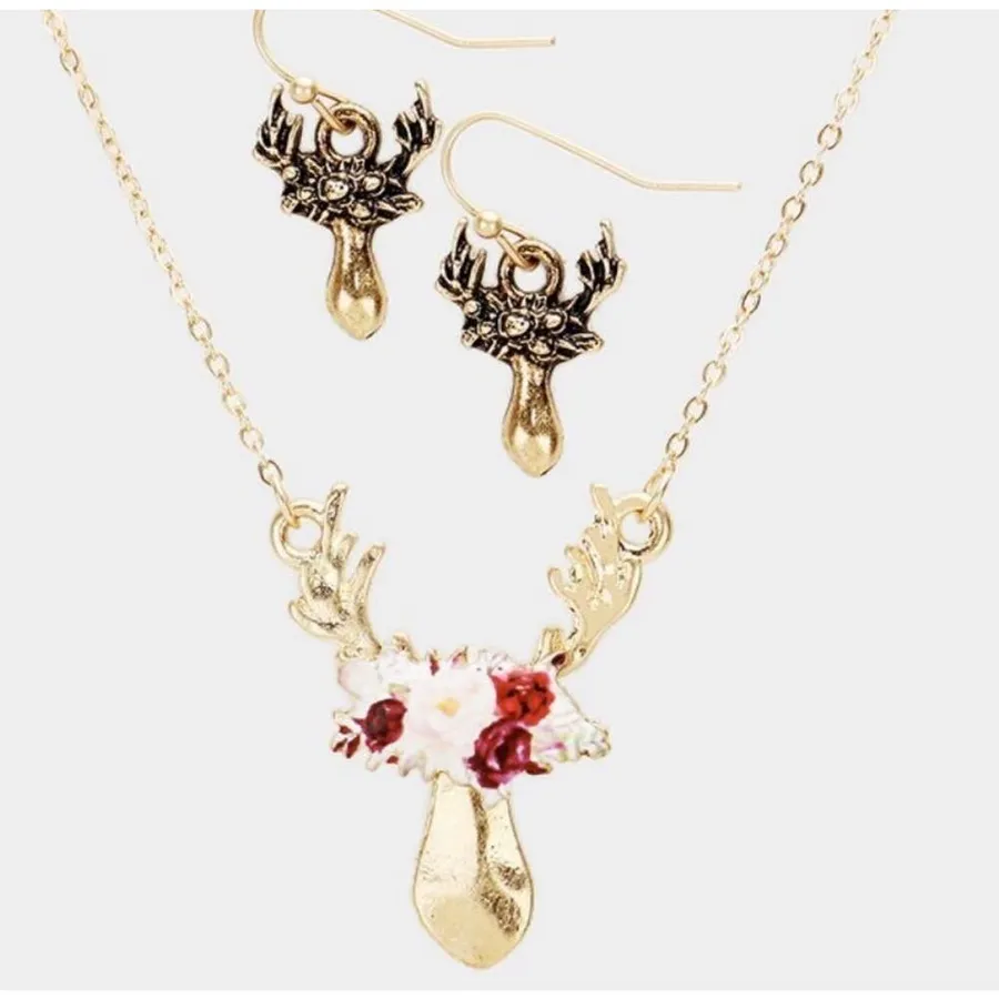 Brand New Boutique Watercolor Moose Necklace & Earring Set Gold