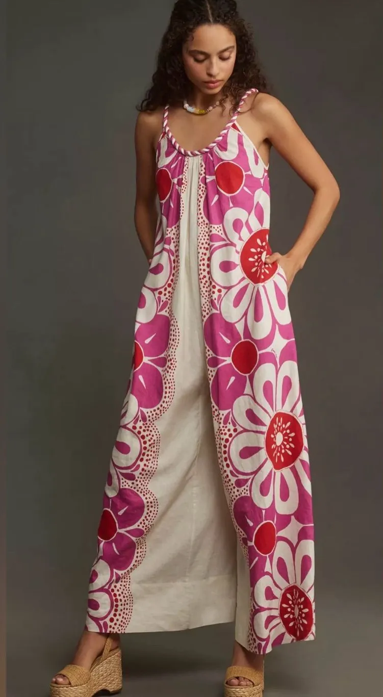 Farm Rio Maia Linen Jumpsuit Bold Floral Fuchsia & Red Size Small