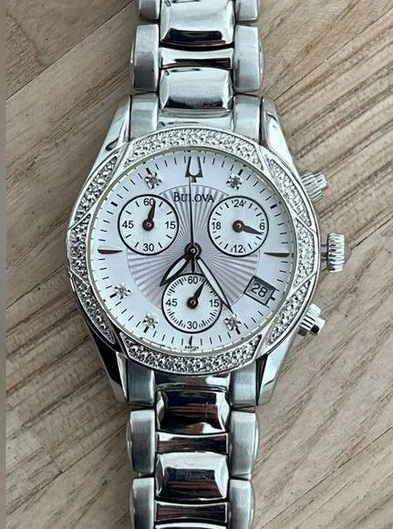 Bulova Ladies Watch Diamonds Chronograph White Dial Stainless Bracelet