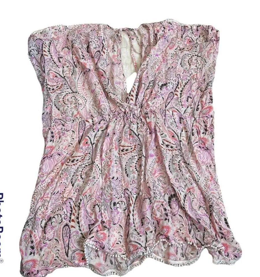 Victorias Secret Paisley Swim Cover Up Top Pink Purple Pom Pom Trim XS TP