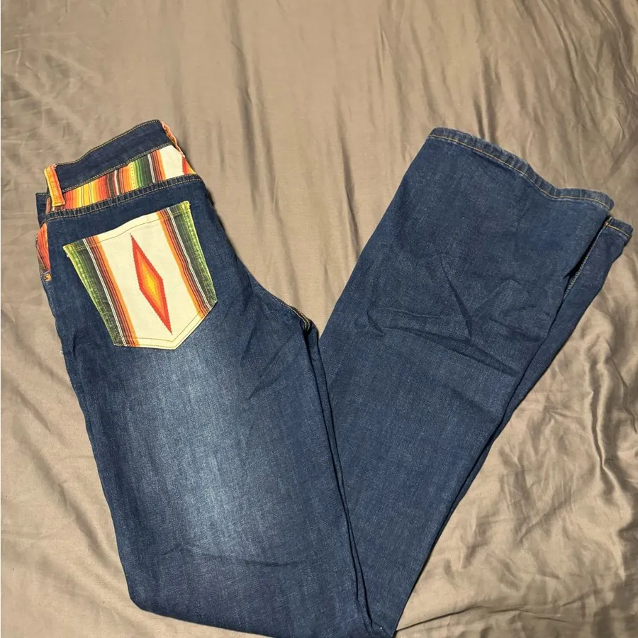 Ranch Dress’n Stylish Blue Boot Cut Jeans with Multicolor Western Pocket Size M