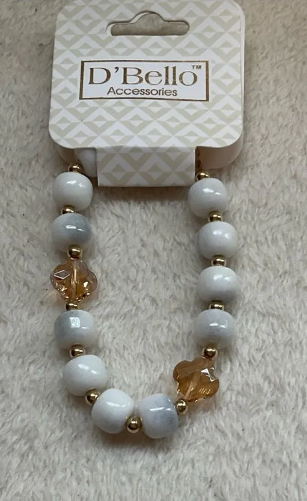 White Beaded Necklace with Gold and Amber Accents
