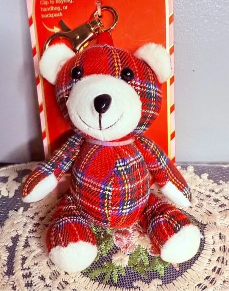 Plaid Teddy Bear Bag Charm Keychain Plush Tartan Red
