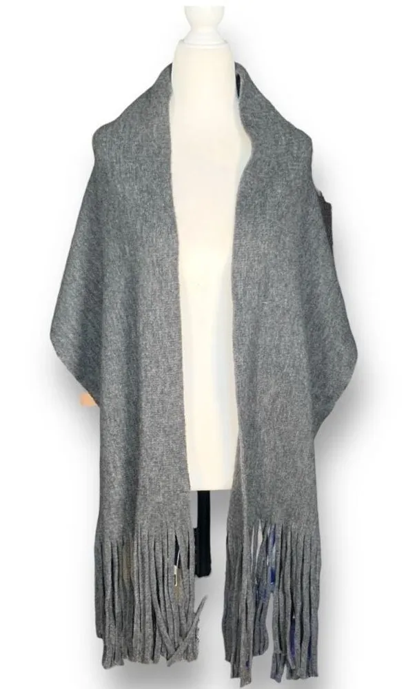 Lucky Brand Gray Fringe Shawl Wrap Scarf Cozy Layering Piece