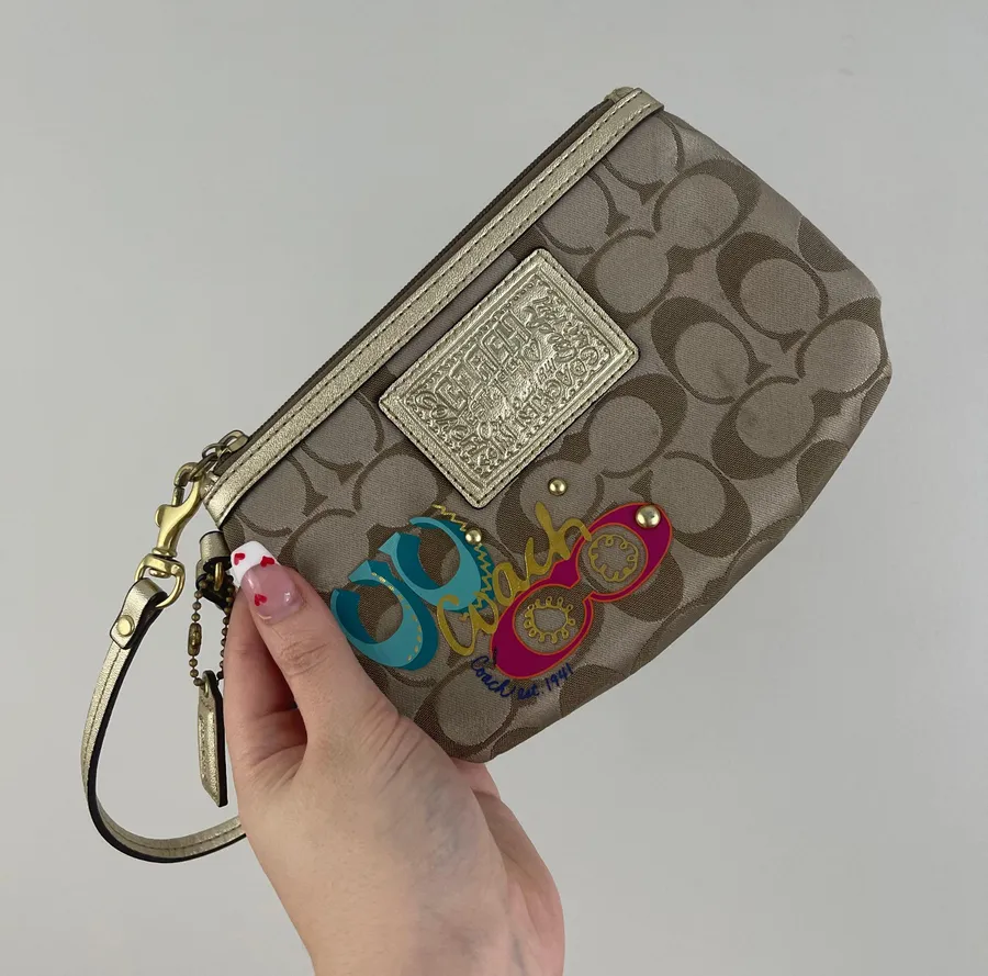 Brown Logo Vibrant Graphic Studded Mini Wristlet Wallet Purse