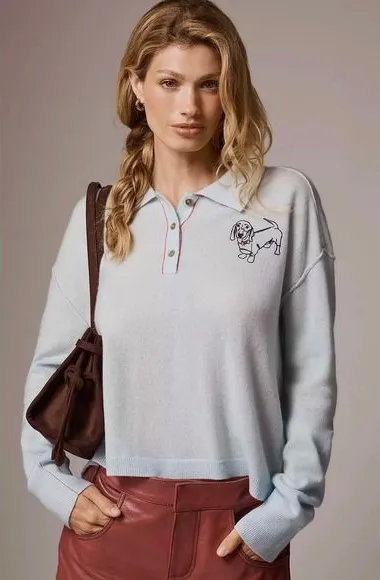 Anthropologie PILCRO The Jensen Cashmere Crop Polo Sweater Soft Sea Dog X-Small