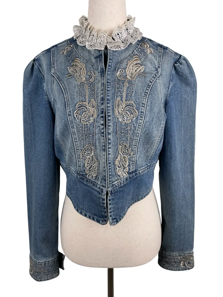 Vintage 90s Jeanology Cropped Denim Jean Jacket Size 6 Rhinestone Lace Collar Blue