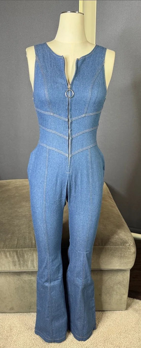 Sleeveless Sexy Blue Denim Jumpsuit Front Zip Slim Fit Retro 70s Flare Size XL