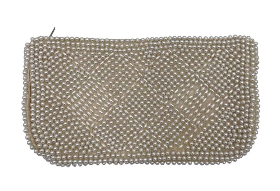 Vintage Miranda Made in Japan Pearl Beaded Clutch Evening Bag Mid Century 1950s White