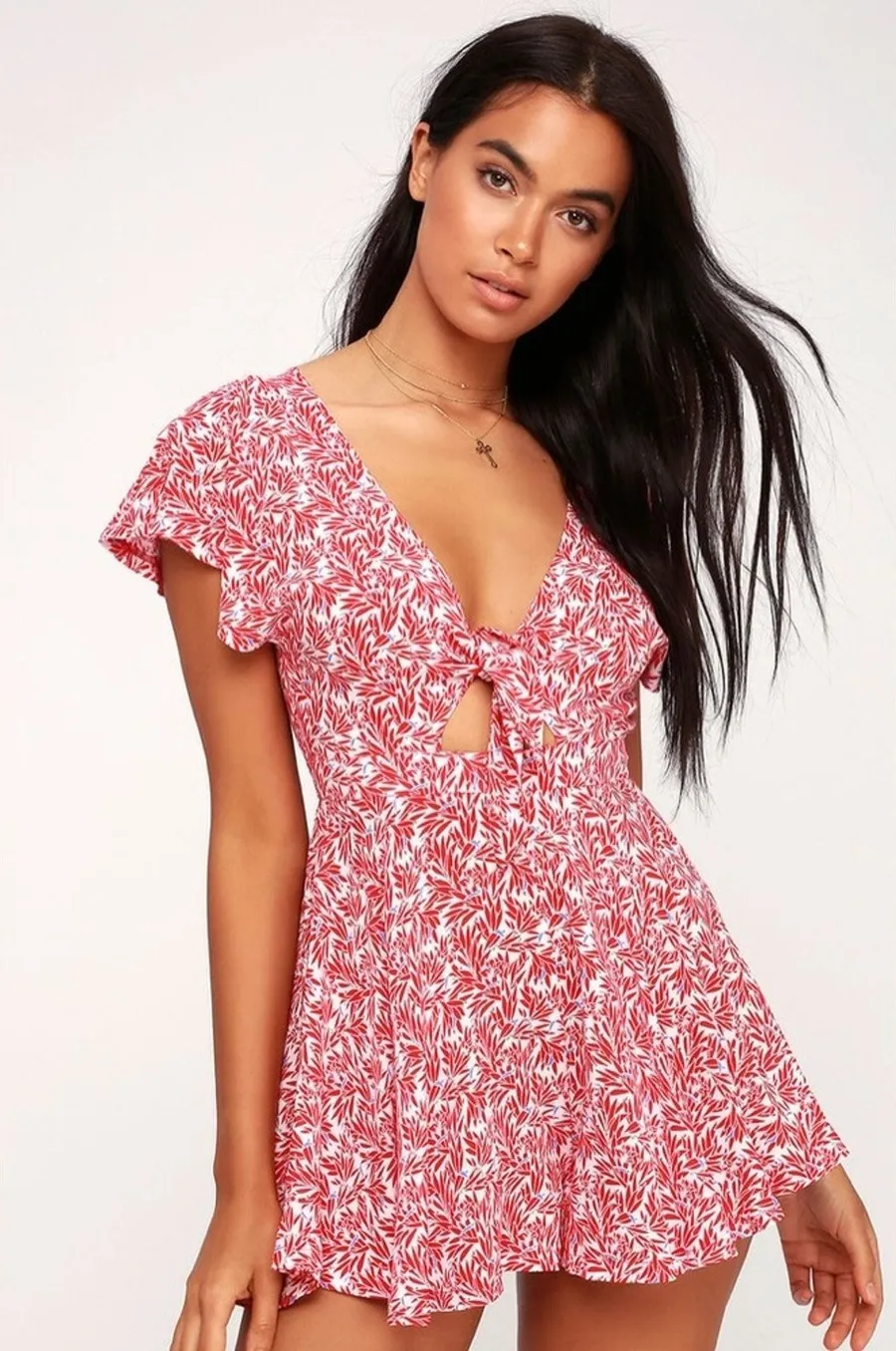 New Lulus Red and White Print Tie-Front Short Sleeve Romper - Size S