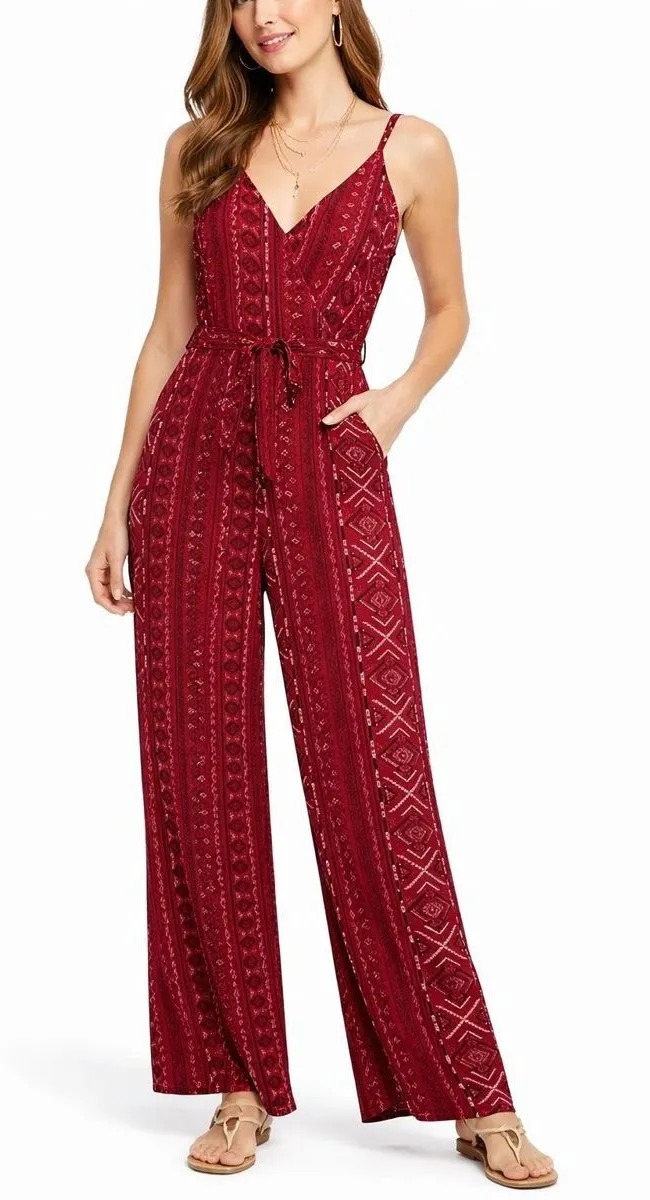 Rue 21 Burgundy Geometric Print Wide Leg Jumpsuit Tie Waist Boho Festival M Red Size M