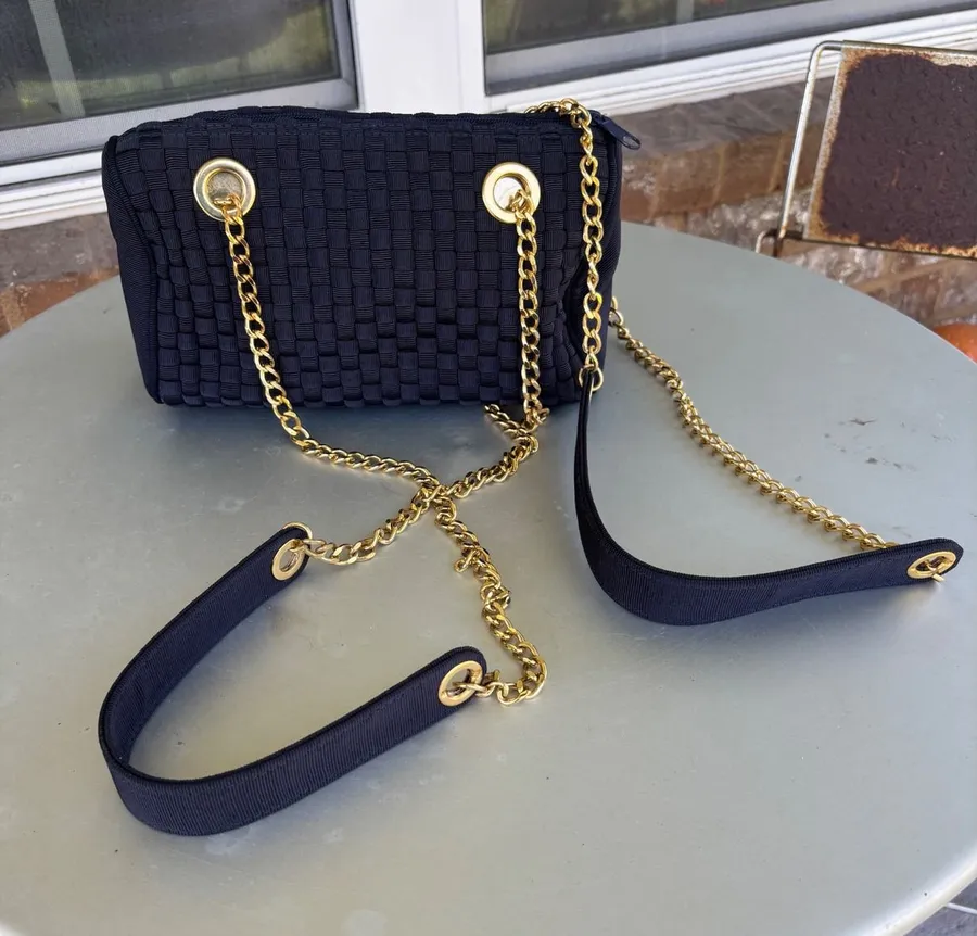 Inge Christopher Navy Blue Woven Ribbon Shoulder Bag Gold Chain Strap