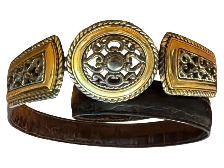Vtg Brighton Reversible Belt Black Brown Croc Embossed Leather Gold Silver 25"