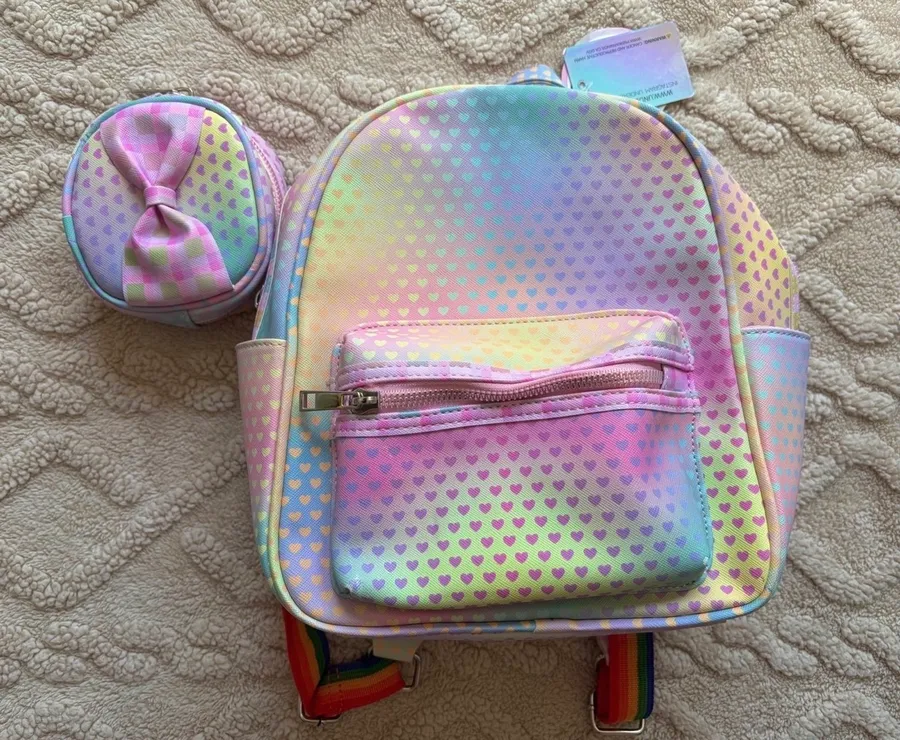 Under One Sky Girls Mini Backpack & Coin Purse - Pastel Rainbow Colors W/ Hearts