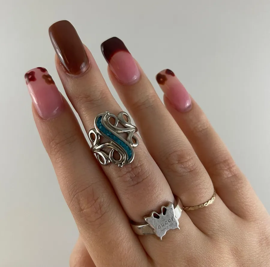 Vintage Turquoise Stone Blue Silver Swirl Design Statement Ring