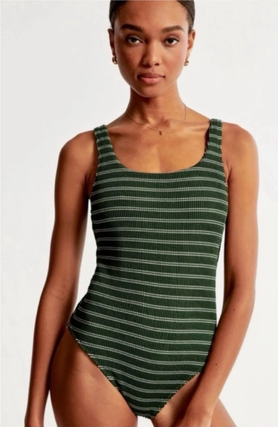 Abercrombie & Fitch Green and White Striped One-Piece Swimsuit