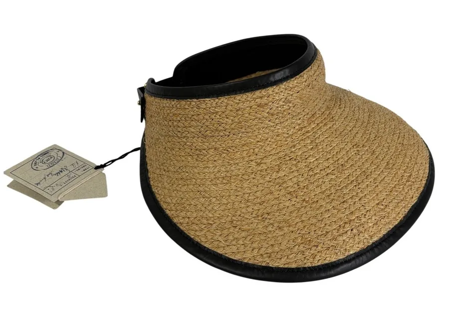 Catarzi 1910 Italy Natural Raffia Straw Sun Visor Black Leather Trim Hat Tan