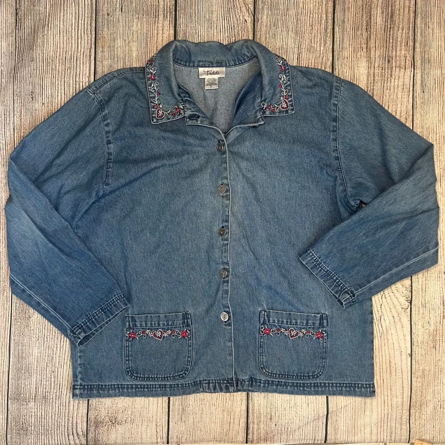 VTG 90s Teddi Denim Button Up Jacket Embroidered Collar Pockets Blue Womens XL
