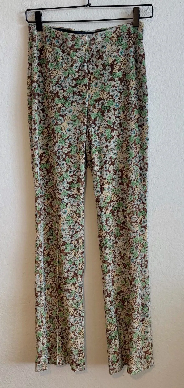 ZARA Green Brown Velvet Floral Print Flare Wide Leg Mid Rise Pants Womens Small