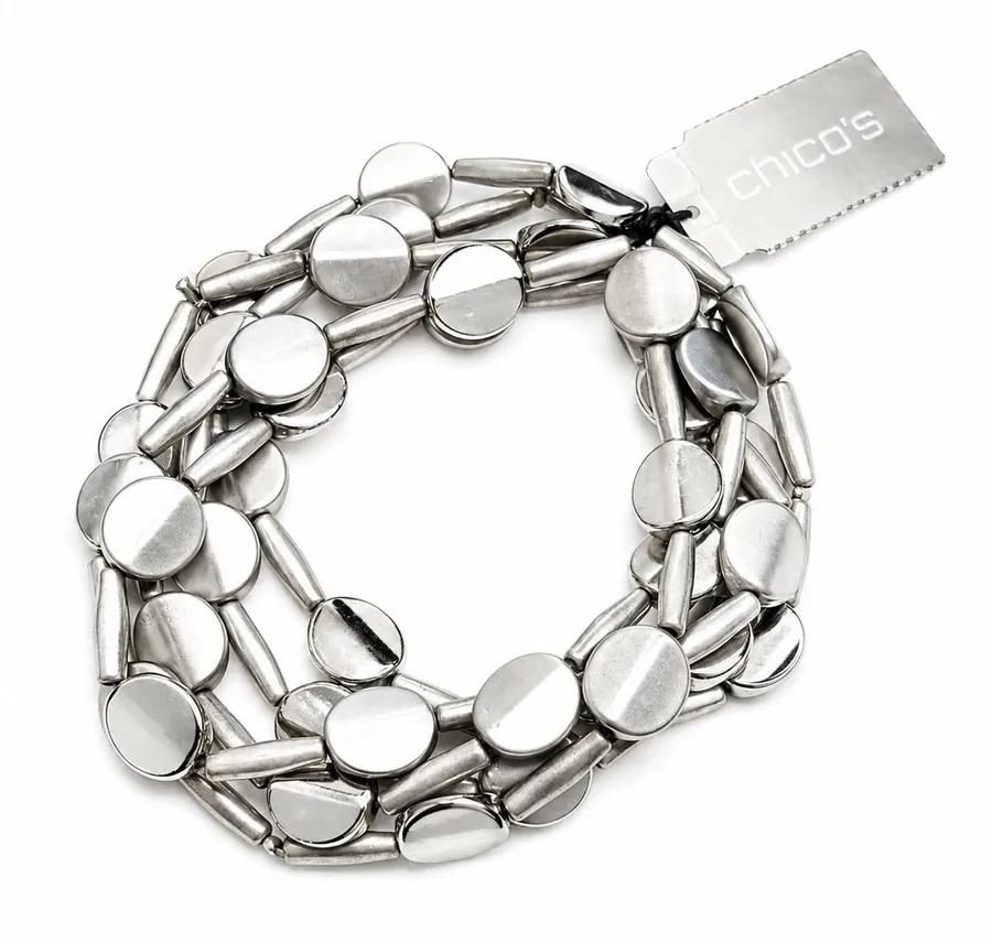 Chico's Silver Tone Multi Strand Stretch Bracelet Oval Links NWT $34